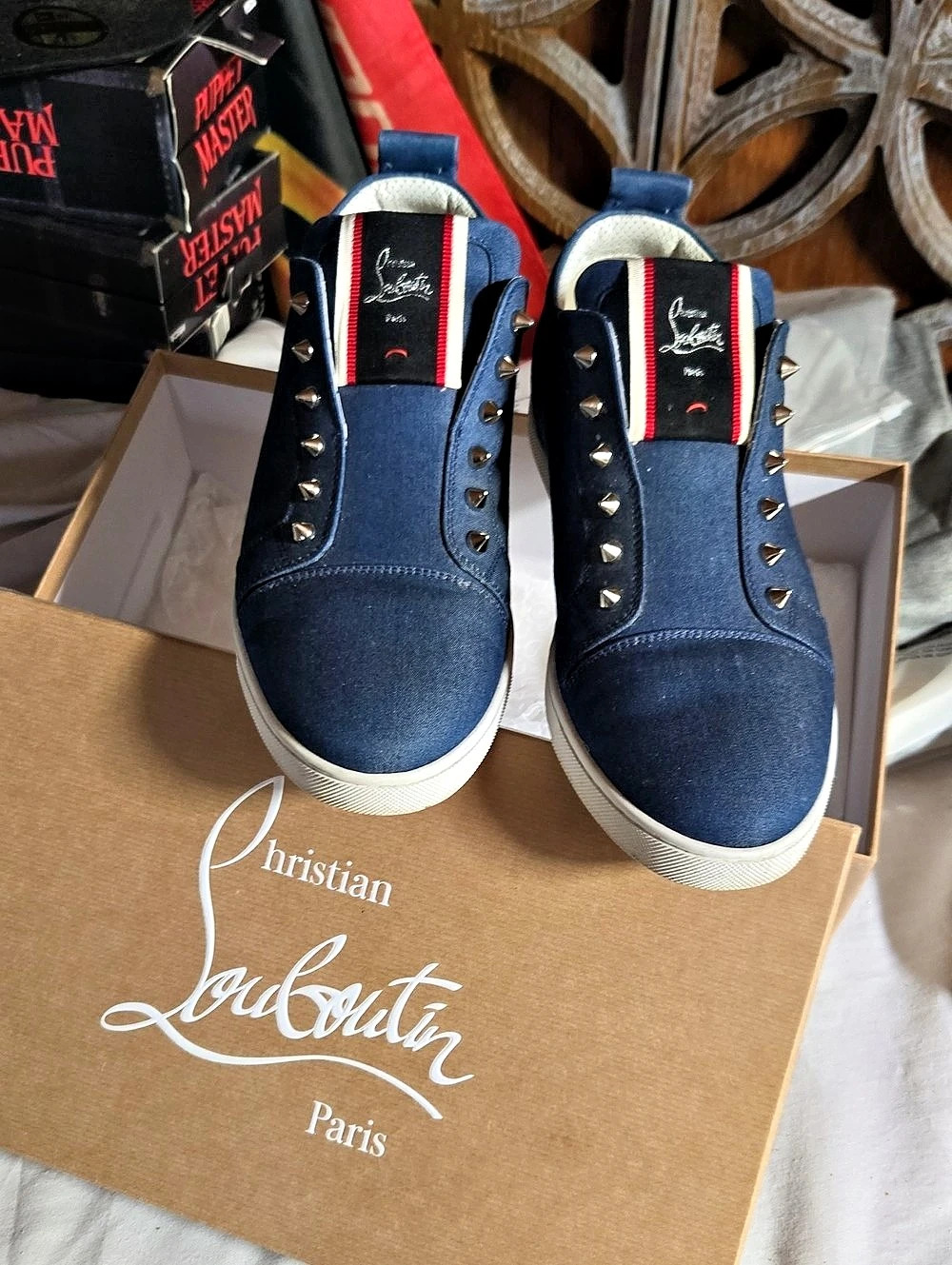 Christian Louboutin Louis Junior Spikes Denim Low-Top Sneakers